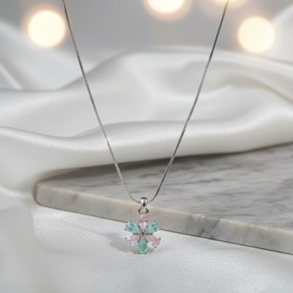 Pastel Floral Gemstone Pendant Necklace – Elegant Silver Chain Jewelry