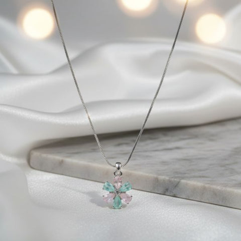 Pastel Floral Gemstone Pendant Necklace – Elegant Silver Chain Jewelry