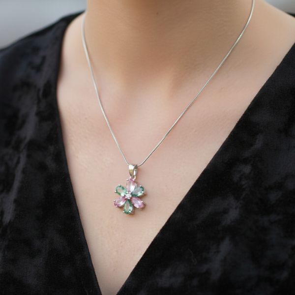 Pastel Floral Gemstone Pendant Necklace – Elegant Silver Chain Jewelry