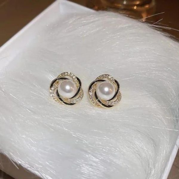 Real Gold Plating Silver Needle Zircon Pearl Flower Earrings