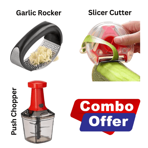 Combo :: Garlic Press Rocker + Slicer and Cutter + Push Chopper (Free 2 Engage Pocket Perfume) - My Store