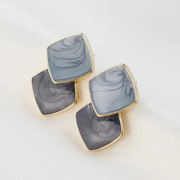 Navy And Light Blue Square Enamel Earrings