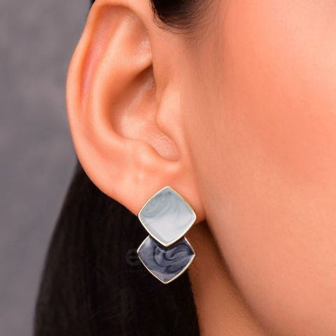 Navy And Light Blue Square Enamel Earrings