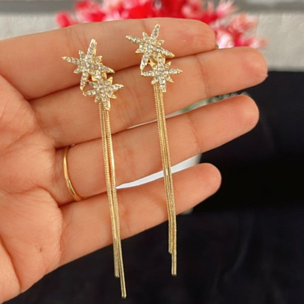 Pearls Tassels Oversized Gold Needle Drop Earring