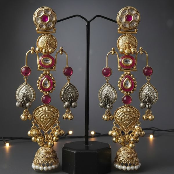 Traditional Kundan Jhumka Earrings – Antique Gold Plated Ethnic
