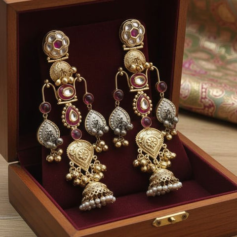Traditional Kundan Jhumka Earrings – Antique Gold Plated Ethnic