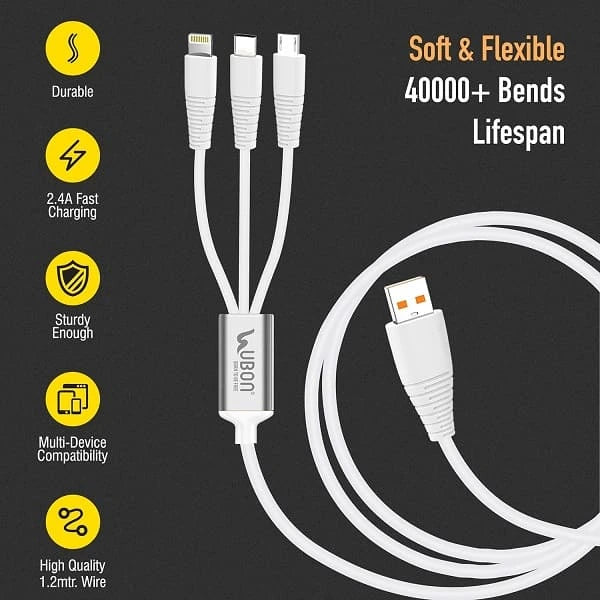 UBON WR147 Charger Cable 3 in 1 for Micro USB, iOS and Type-C