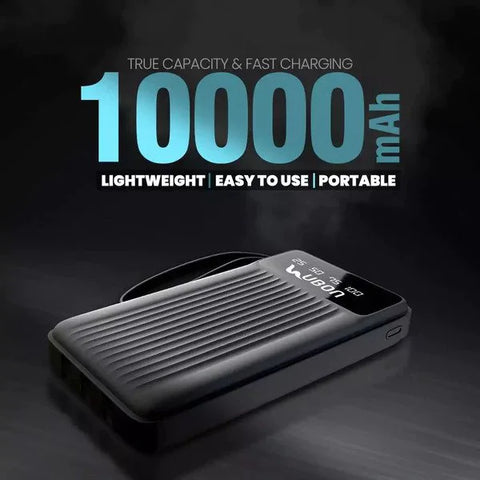 UBON PB-X12 Power King, 10000mAh Li-Polymer 10W Power Bank with 2.0A Inbuilt 3 in 1 Micro USB, Type-C & Lightning Cables, Proudly, (Black)