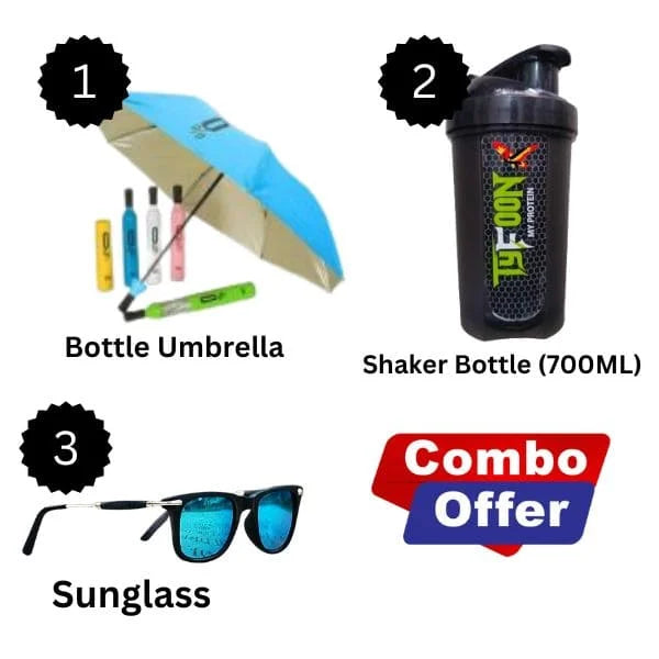 Combo:-Bottle Umbrella + Shaker Bottle + Sunglass ( Free :- Ice Roller )