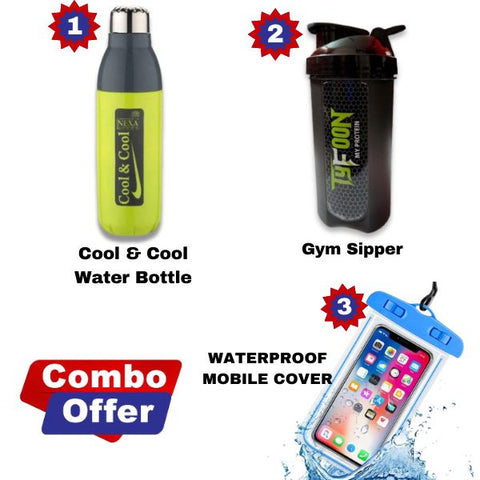 Cool & Cool Water Bottle 900 ML + Gym Sipper 700 ML+Waterproof Mobile Cover + FREE Gift (Denver Pack)