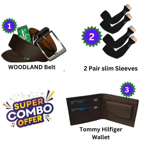 Combo :- Woodland Belt + Tommy Hilfiger Wallet + 2 Pair Slim Sleeves ( Free :- Eye Cool Mask)
