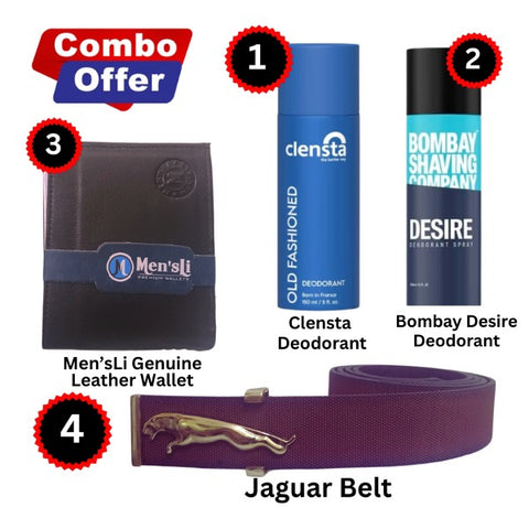 Combo :- Clensta Deodorant + Jaguar Belt + Bombay Shaving Company Desire + Men's Li Wallet (Free: 3 Pair Socks )