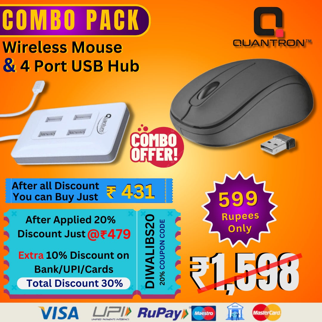 Combo :- Quantron QUH-220 USB 4-Port Hub + Quantron QMU-530 Wireless Mouse