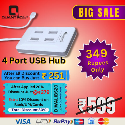 Quantron QUH-220 USB 4-Port Hub | High-Speed, Portable Connectivity for All Devices