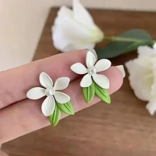 White Floral Stud with Green Leaves Earrings