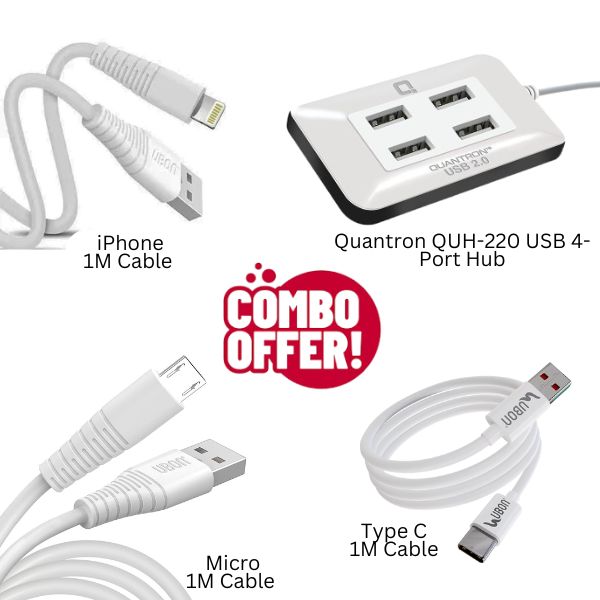 Combo :- Quantron QUH-220 USB 4-Port Hub + Ubon Data Cable ( Micro USB, Type-C (USB-C), iPhone )