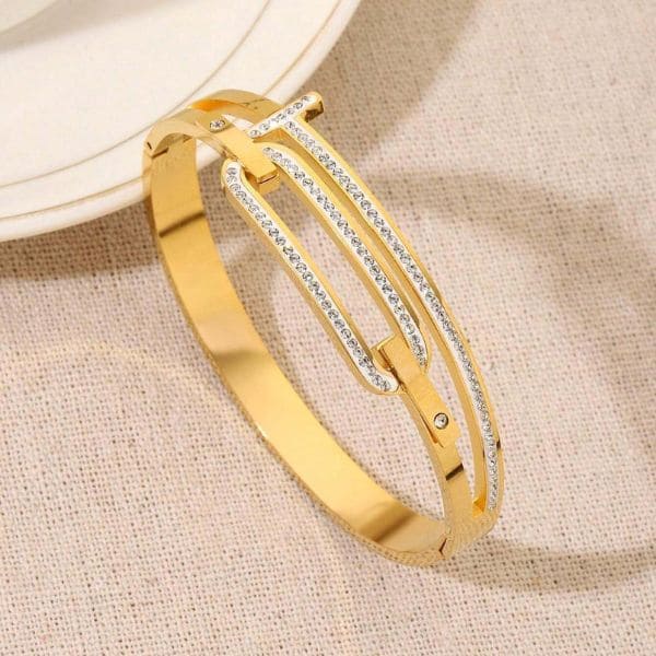 Stainless Steel Zircon Ornated Bangle Bracelet