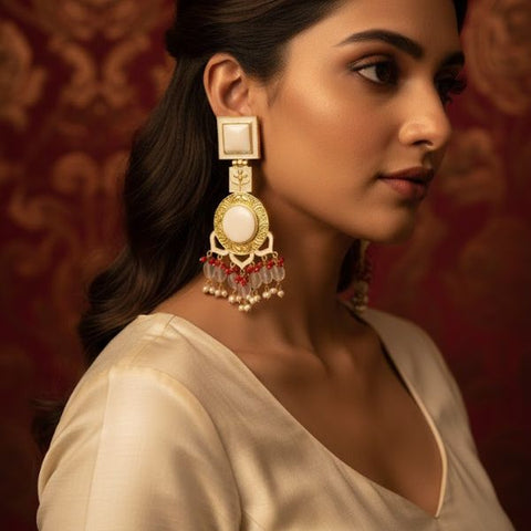 Elegant Aesthetic Earrings with Red & White Beads – Vintage Gold-Plated Design