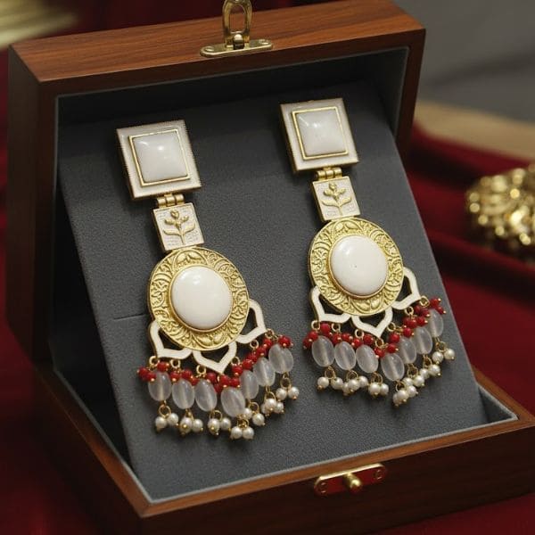 Elegant Aesthetic Earrings with Red & White Beads – Vintage Gold-Plated Design
