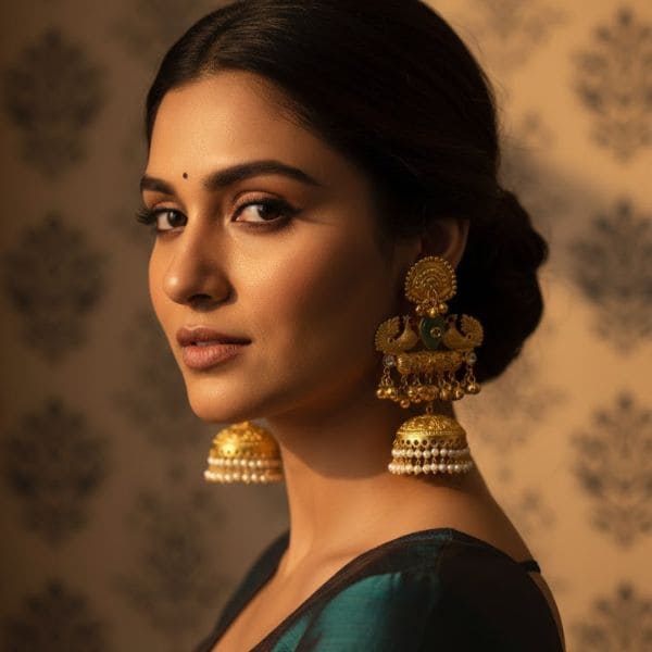 Elegant Aesthetic Gold-Plated Earrings with Pearls – Traditional Jhumka Design for Women