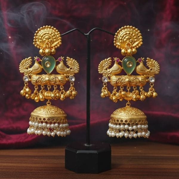 Elegant Aesthetic Gold-Plated Earrings with Pearls – Traditional Jhumka Design for Women
