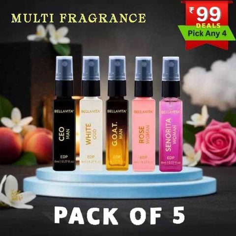 ₹99 Deals| pack of 5 BELLA VITA  8ML Premium Perfume Set – CEO, White Oud, G.O.A.T, Rose, Senorita