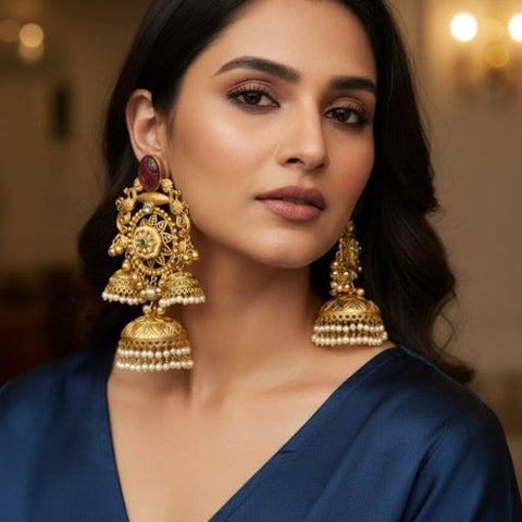 Elegant Gold Plated Statement Earrings with Intricate Bell Design and Pearl Detailing