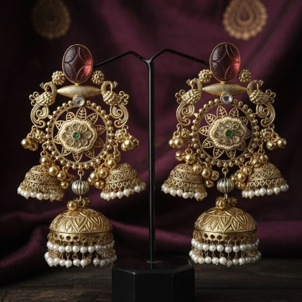 Elegant Gold Plated Statement Earrings with Intricate Bell Design and Pearl Detailing