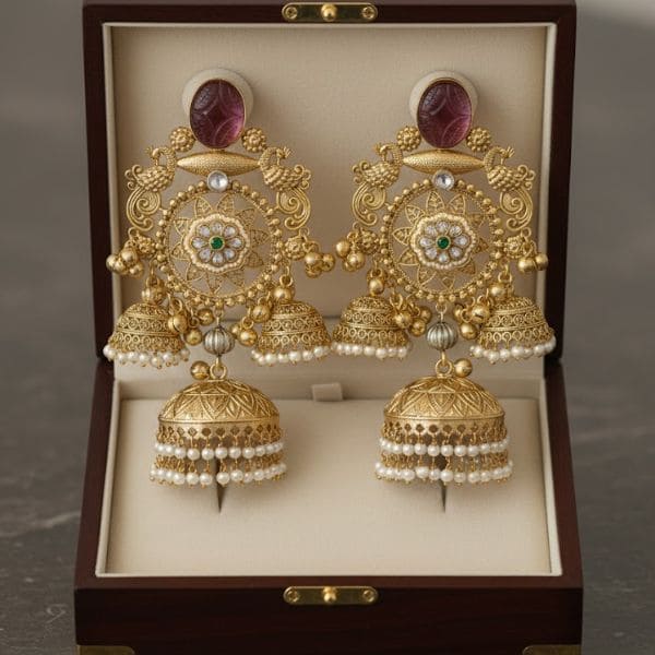 Elegant Gold Plated Statement Earrings with Intricate Bell Design and Pearl Detailing