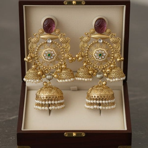 Elegant Gold Plated Statement Earrings with Intricate Bell Design and Pearl Detailing