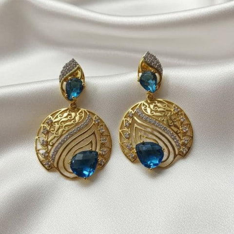 Luxury Blue Teardrop Statement Earrings with Intricate Gold Filigree Design