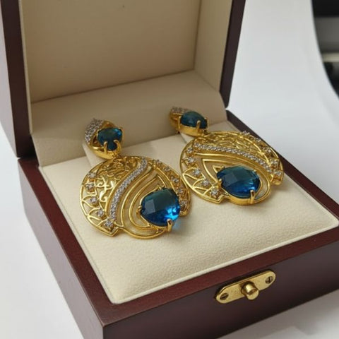 Luxury Blue Teardrop Statement Earrings with Intricate Gold Filigree Design