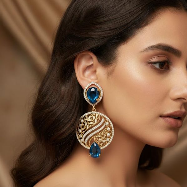 Luxury Blue Teardrop Statement Earrings with Intricate Gold Filigree Design