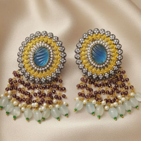 Exquisite Chandelier Earrings with Blue & Gold Accents
