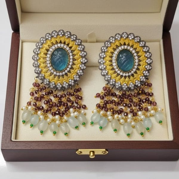 Exquisite Chandelier Earrings with Blue & Gold Accents