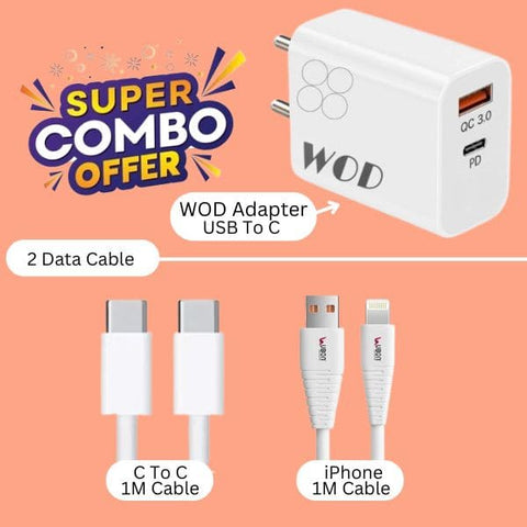 Combo :- WOD 20W Fast Charger, + 2 Data Cable (1. iphone, 2. C To C ) Best mobile Accessories combo