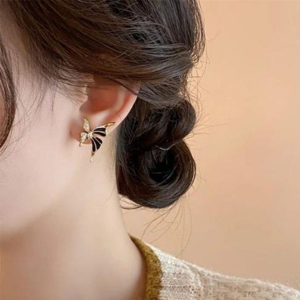 Korean Black Butterfly Pearl Earrings For Women & Girls