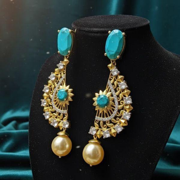 Elegant Turquoise & Pearl Drop Earrings – Gold & Diamond Statement Jewelry