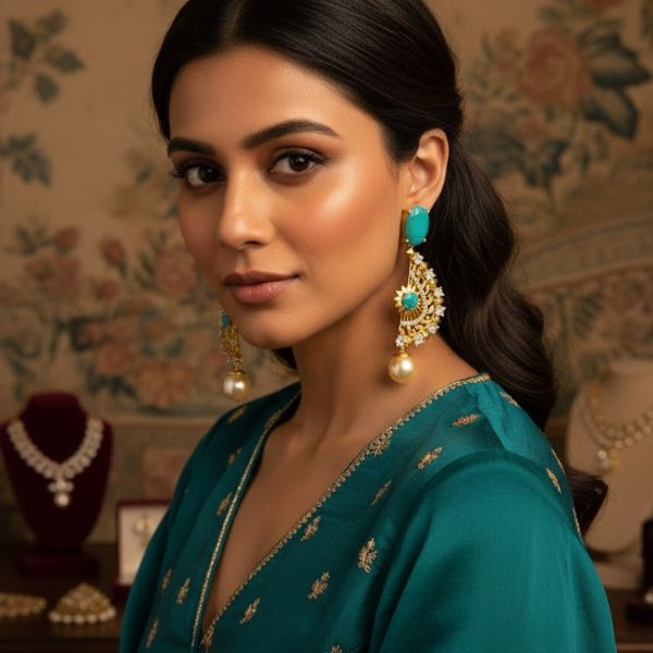 Elegant Turquoise & Pearl Drop Earrings – Gold & Diamond Statement Jewelry