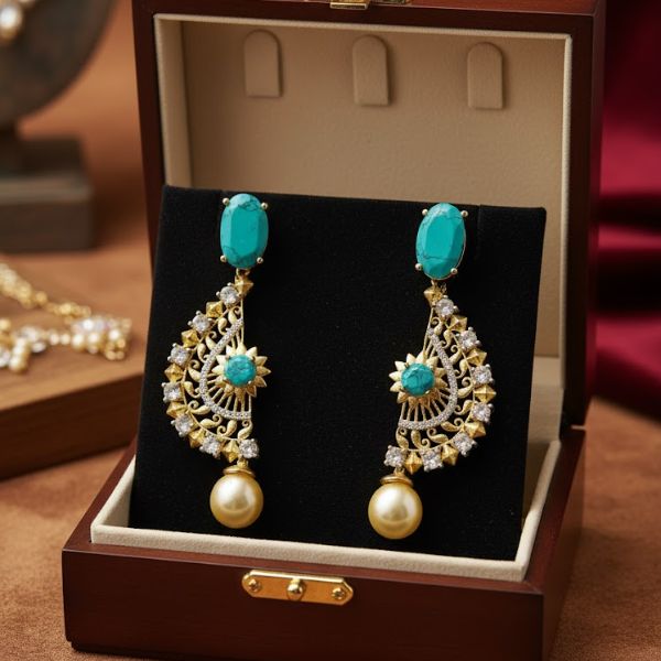 Elegant Turquoise & Pearl Drop Earrings – Gold & Diamond Statement Jewelry