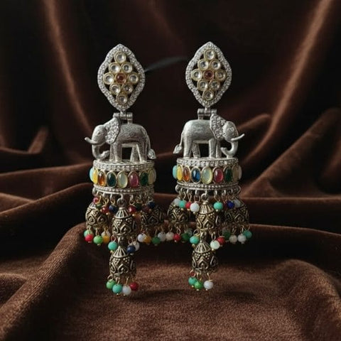 Exquisite Elephant Motif Chandelier Earrings with Colorful Beads