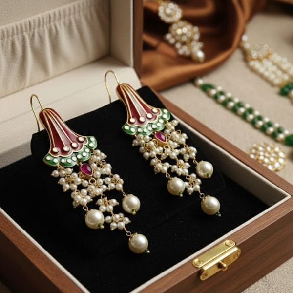 Exquisite Gold-Plated Enamel Earrings with Ruby, Emerald, and Pearl Detailing