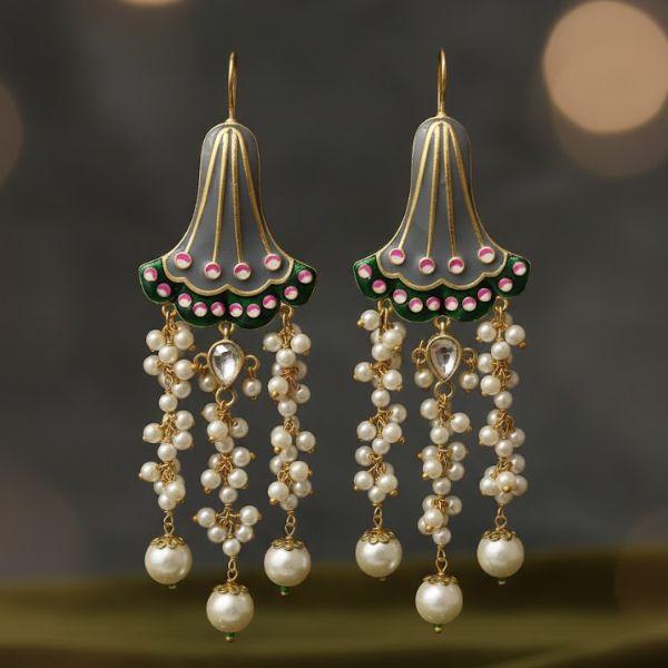 Exquisite Gold-Plated Enamel Earrings with Ruby, Emerald, and Pearl Detailing