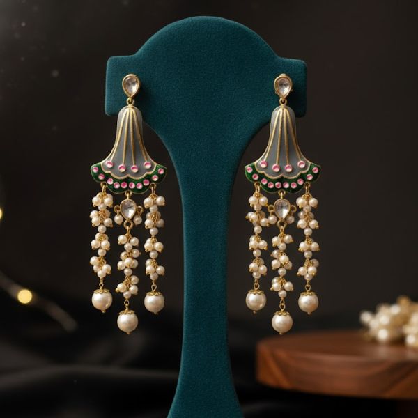 Exquisite Gold-Plated Enamel Earrings with Ruby, Emerald, and Pearl Detailing