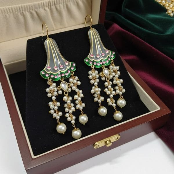 Exquisite Gold-Plated Enamel Earrings with Ruby, Emerald, and Pearl Detailing