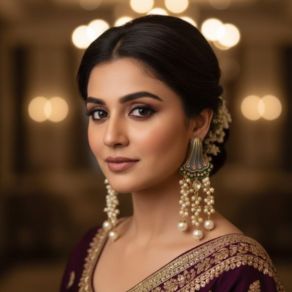 Exquisite Gold-Plated Enamel Earrings with Ruby, Emerald, and Pearl Detailing