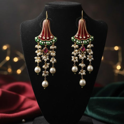 Exquisite Gold-Plated Enamel Earrings with Ruby, Emerald, and Pearl Detailing
