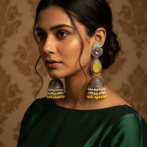 Royal Ethnic Silver Jhumka Earrings with Yellow Beads– Traditional Luxury Jewelry