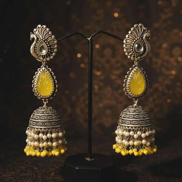 Royal Ethnic Silver Jhumka Earrings with Yellow Beads– Traditional Luxury Jewelry