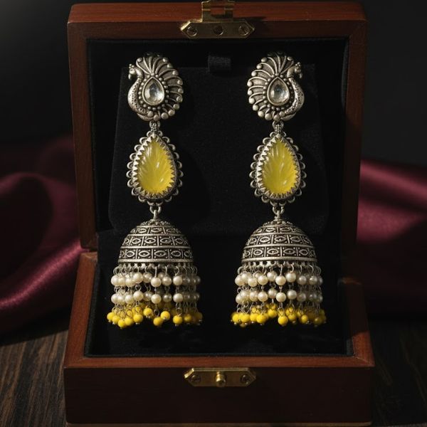 Royal Ethnic Silver Jhumka Earrings with Yellow Beads– Traditional Luxury Jewelry